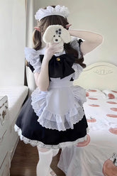 Maid Short Sleeves Ruffle Bowknot Sweet Plus Size Lolita Dress Full Set 2 Colors